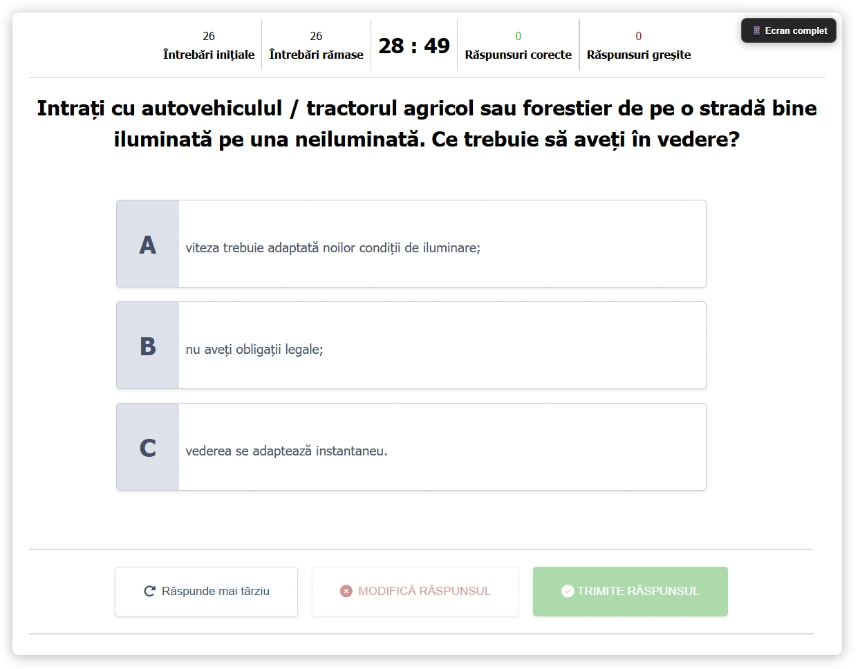 Exemplu de chestionar auto DRPCIV pentru categoria Tr, în formatul din 2026.