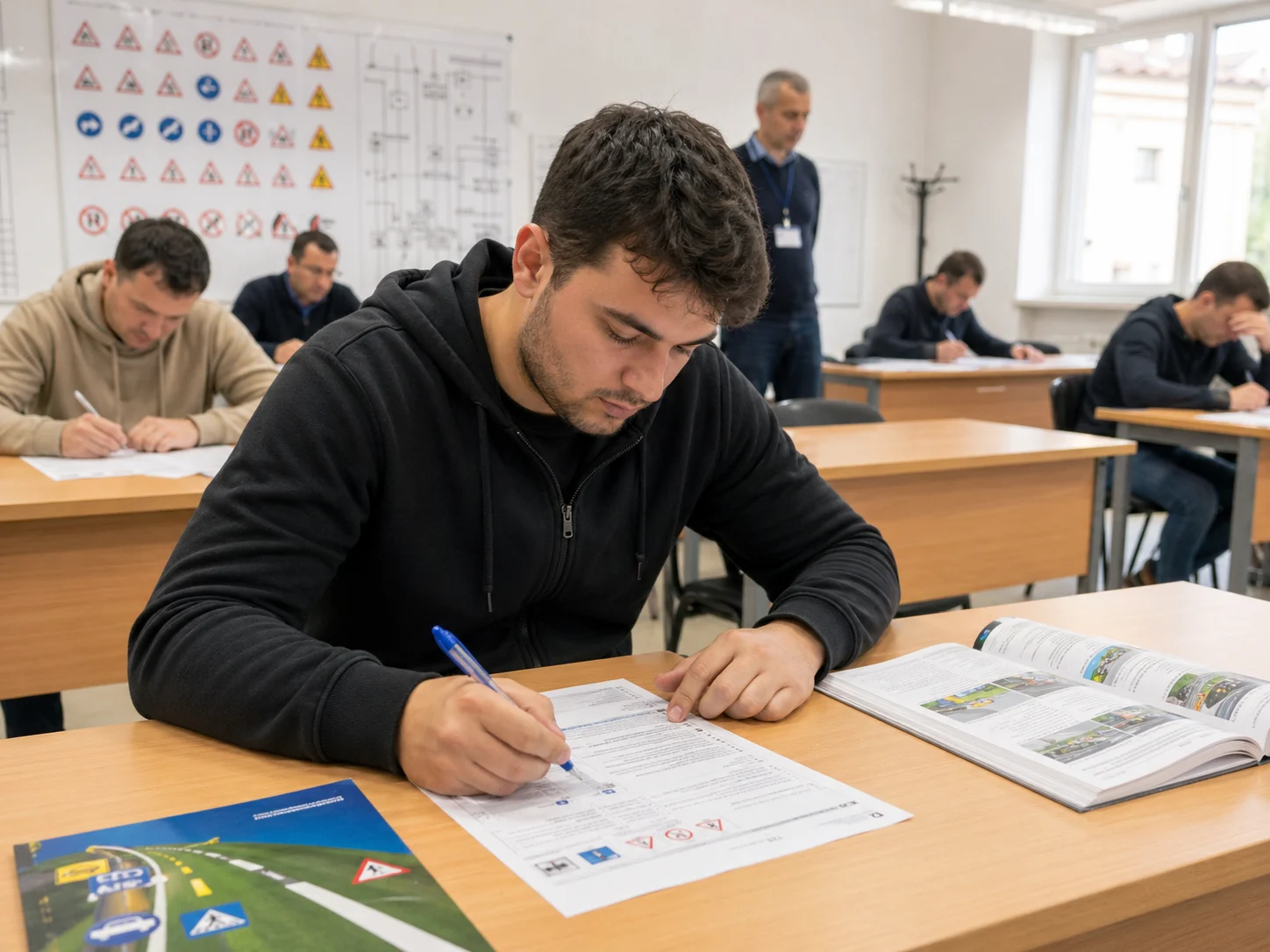Șofer pregătindu-se pentru examenul de redobândire a permisului auto
