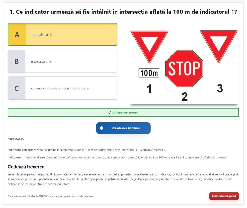 Ecran cu întrebări de legislație rutieră pentru categoria A, afișând explicații detaliate din Codul Rutier.