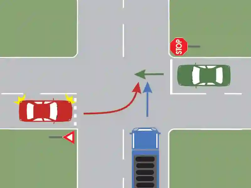 Care dintre autovehicule va trece al doilea prin intersecția prezentată?