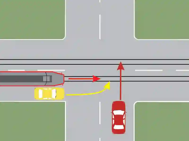Care dintre cele trei vehicule trece primul prin intersecție?