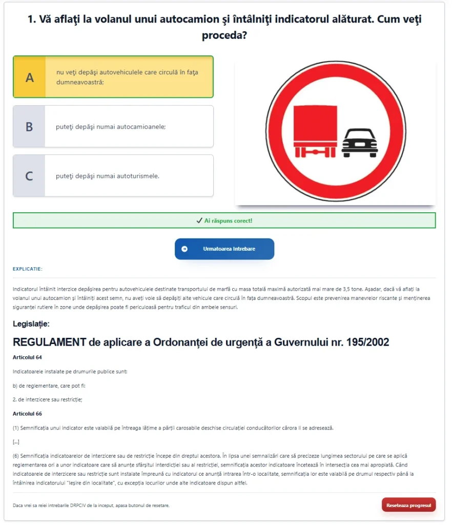 Interfață de studiu pentru categoria C cu o întrebare despre reguli de gabarit. Interfață de studiu pentru categoria C cu o întrebare despre reguli de gabarit.