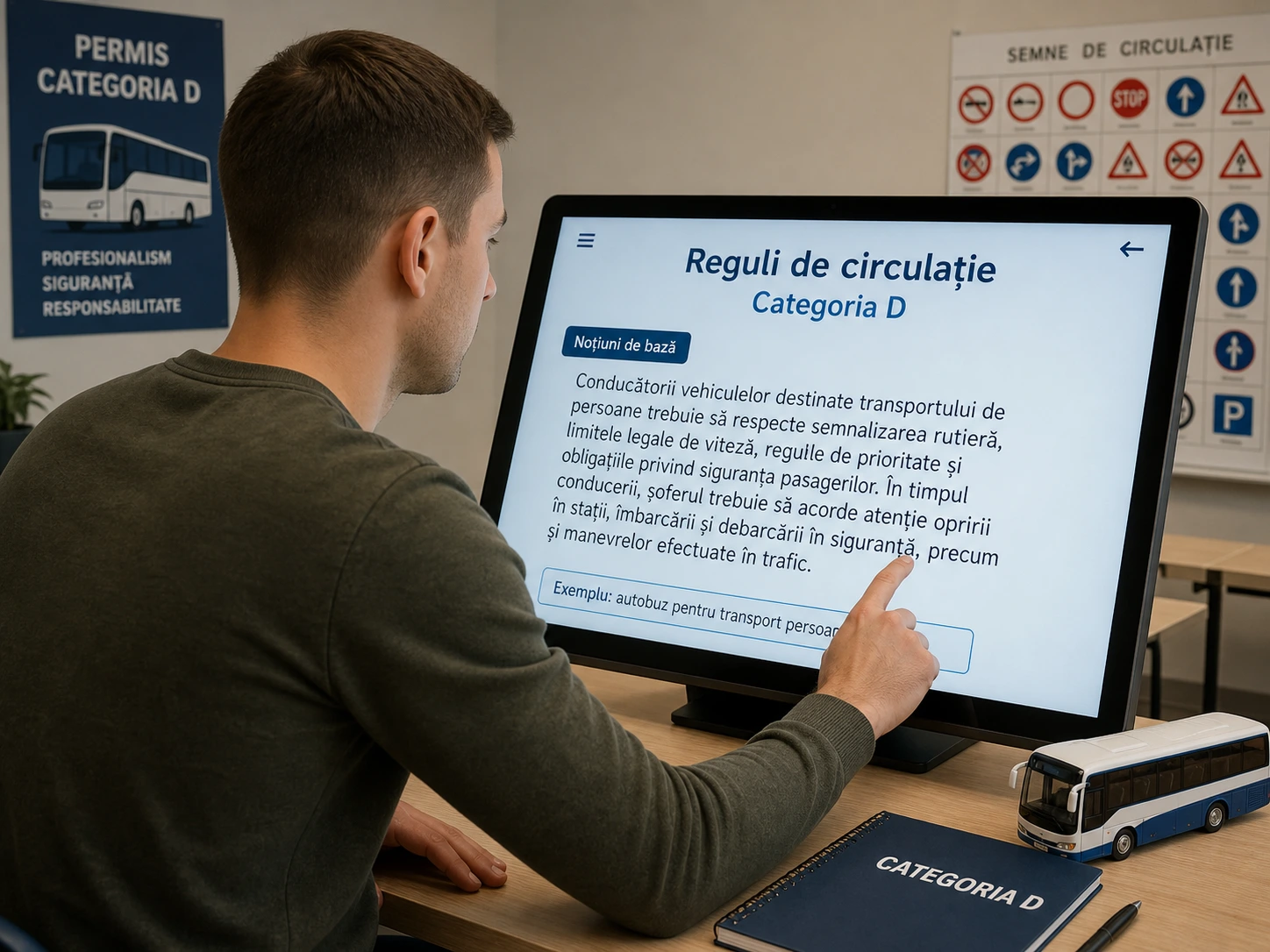 Șofer de autobuz citind regulile de circulație pe un ecran tactil.