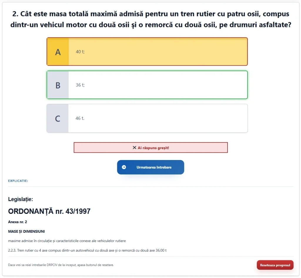 Secțiune de studiu pentru categoria E, afișând întrebări despre conducerea ansamblurilor de vehicule.