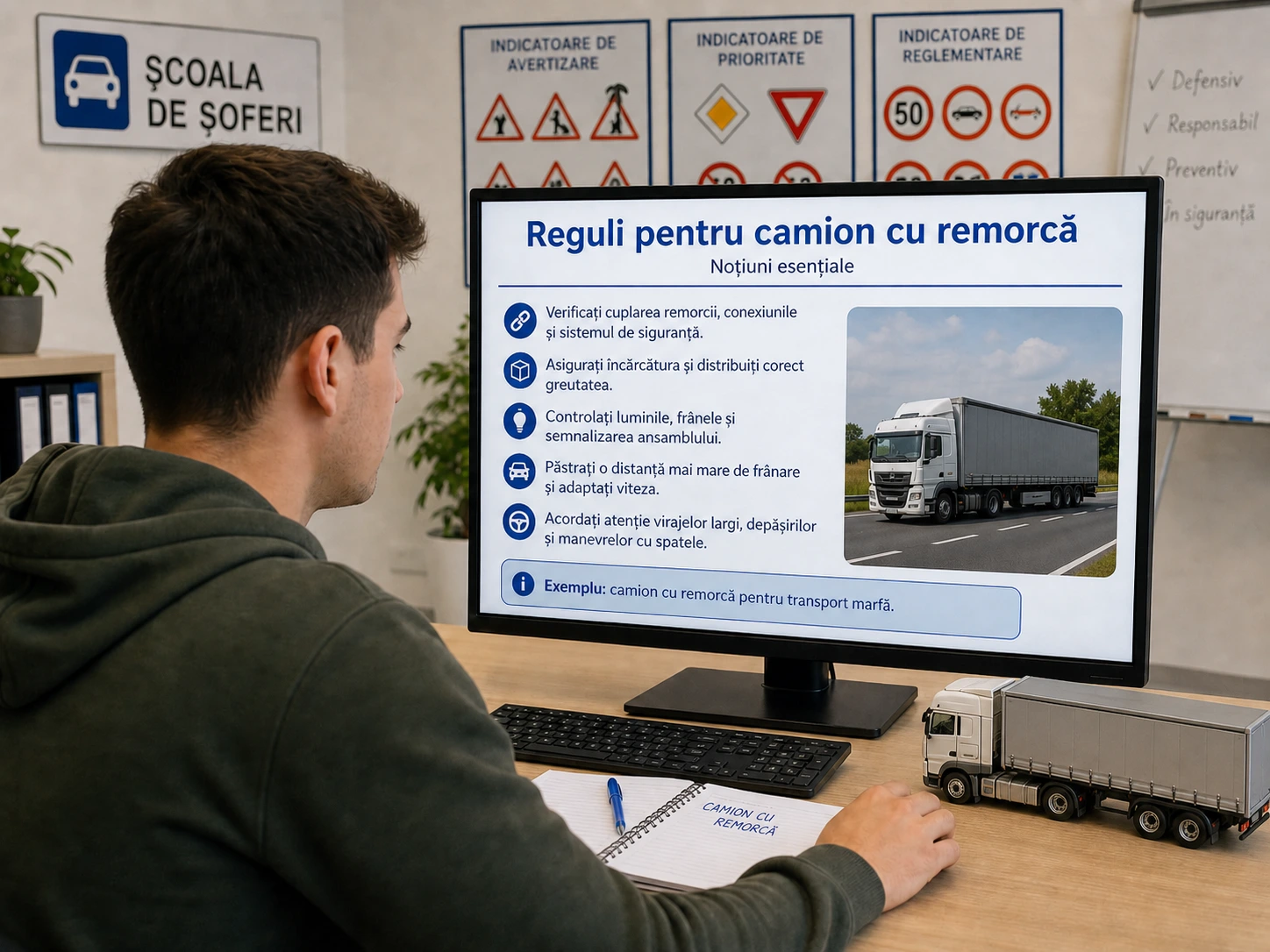 Cursant analizând regulile pentru vehicule cu remorcă pe un monitor.