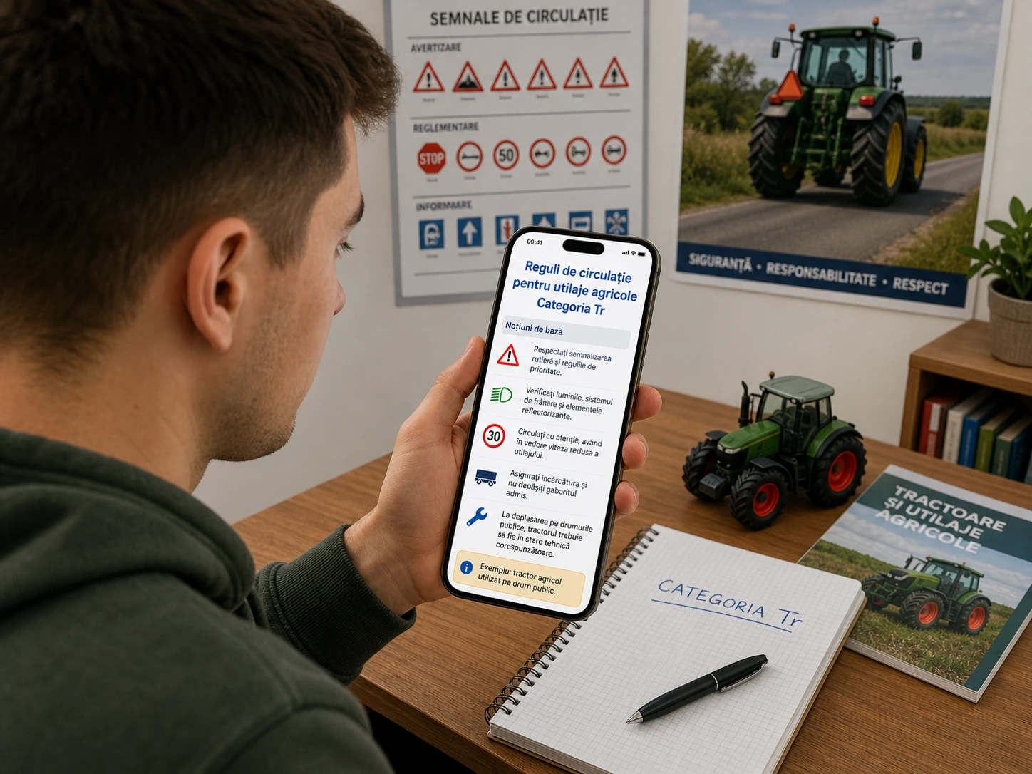 Utilizator învățând regulile de circulație pentru utilaje agricole de pe un smartphone.