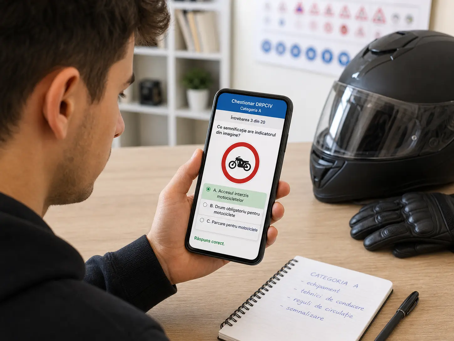 Viitor motociclist rezolvând chestionare DRPCIV pe un dispozitiv mobil