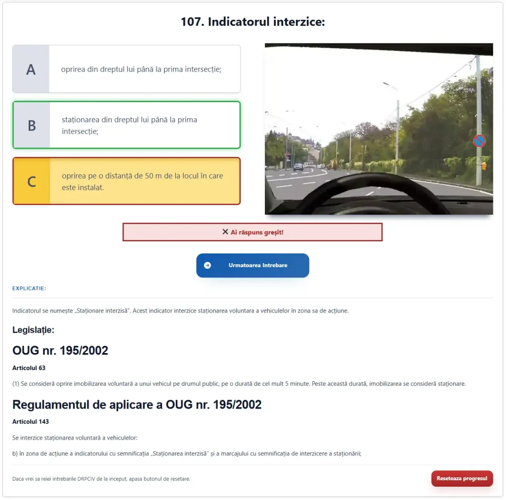 Platformă de studiu pentru permisul auto categoria B, ilustrând întrebări pe capitole și răspunsuri corecte.